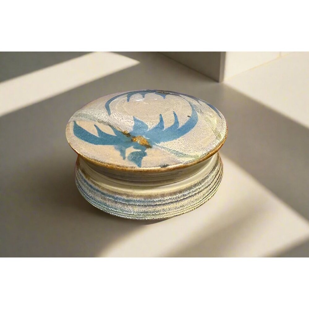 Vintage Hand-Painted Pottery Trinket Box With Lid - Blue Bird Design - Signed